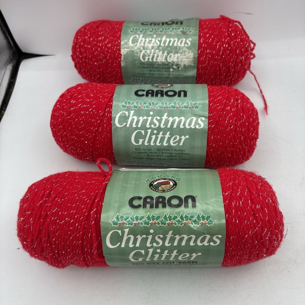 Caron Yarn Skeins Christmas Glitter Red Metalic 8 oz Worsted 4 ply 7502 Lot of 3